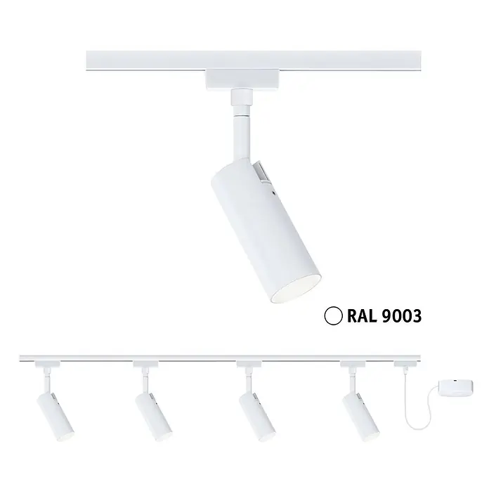 Paulmann URail LED-Schienensystem Set Tubo - Signalweiß, 200 cm, Dimmbar, Anzahl Leuchtmittel: 4 Stk. - Weißes RAL 9003 Stromschienen-Beleuchtungssystem mit vier verstellbaren Strahlern und Netzteil.