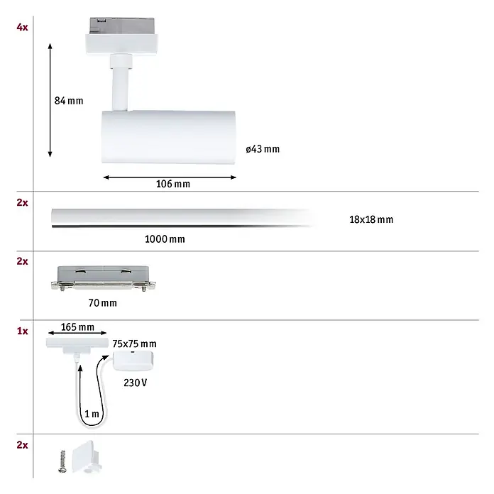 Paulmann URail LED-Schienensystem Set Tubo - Signalweiß, 200 cm, Dimmbar, Anzahl Leuchtmittel: 4 Stk. - Weißes modulares Stromschienensystem mit 4 Strahlern, 2 Schienen, Einspeisung und Verbindern.