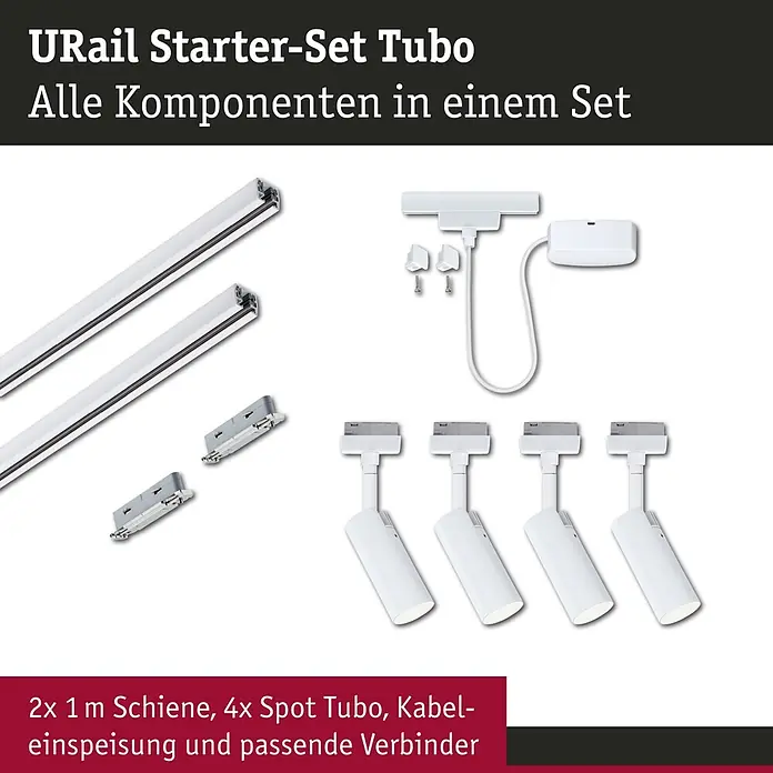 Paulmann URail LED-Schienensystem Set Tubo - Signalweiß, 200 cm, Dimmbar, Anzahl Leuchtmittel: 4 Stk. - Weißes URail Starter-Set Tubo mit zwei 1m Schienen, vier Spots, Kabeleinspeisung und Verbindern.