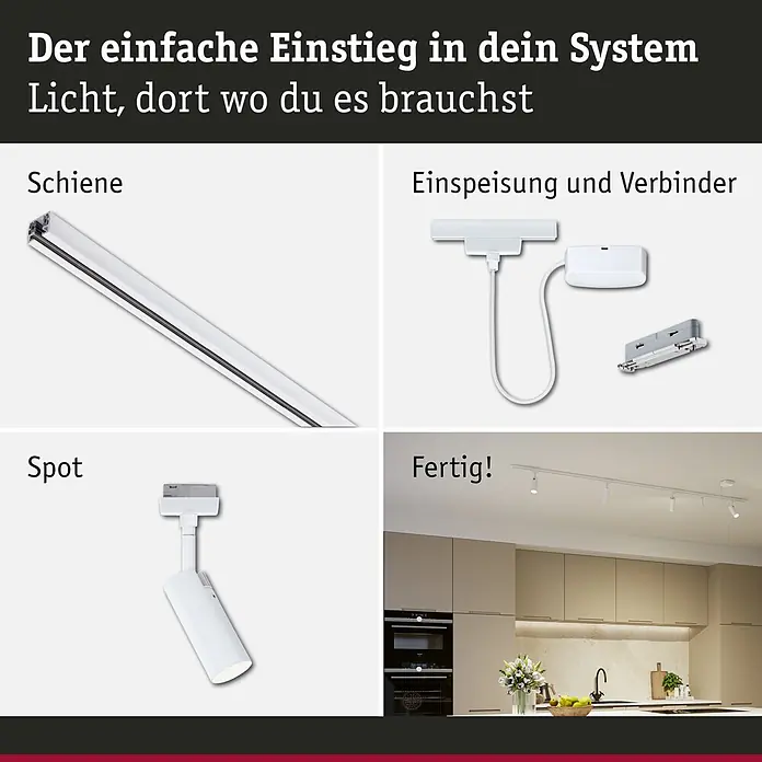 Paulmann URail LED-Schienensystem Set Tubo - Signalweiß, 200 cm, Dimmbar, Anzahl Leuchtmittel: 4 Stk. - Weiße modulare Stromschienenbeleuchtung Komponenten (Schiene, Einspeisung, Spots) mit einer Beispielinstallation in einer modernen Küche.