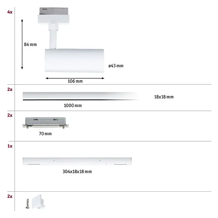 Paulmann URail LED-Schienensystem Set Tubo - Signalweiß, 200 cm, Dimmbar, Anzahl Leuchtmittel: 4 Stk. - Komponenten für weißes Stromschienen-Beleuchtungssystem: 4 Strahler, 2 Schienen (1000mm), 2 Verbinder, 1 Einspeisung, 2 Montageklammern mit Maßen.