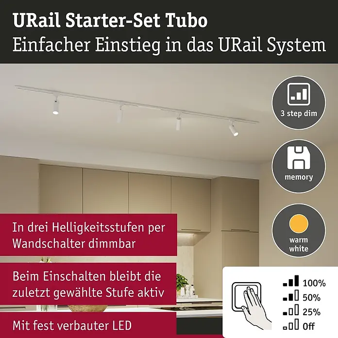 Paulmann URail LED-Schienensystem Set Tubo - Signalweiß, 200 cm, Dimmbar, Anzahl Leuchtmittel: 4 Stk. - Weißes URail Starter-Set Tubo Schienensystem mit drei dimmbaren, warmweißen Strahlern, in einer Küche. Verfügt über 3-Stufen-Dimmung und Memory-Funktion.