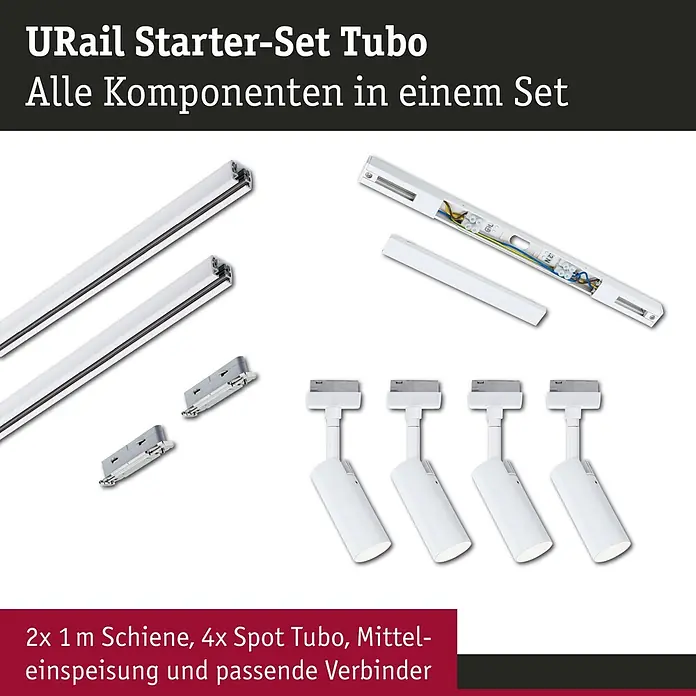 Paulmann URail LED-Schienensystem Set Tubo - Signalweiß, 200 cm, Dimmbar, Anzahl Leuchtmittel: 4 Stk. - Weißes URail Starter-Set Tubo: zwei 1m Schienen, vier Spots, eine Mitteleinspeisung und Verbinder.