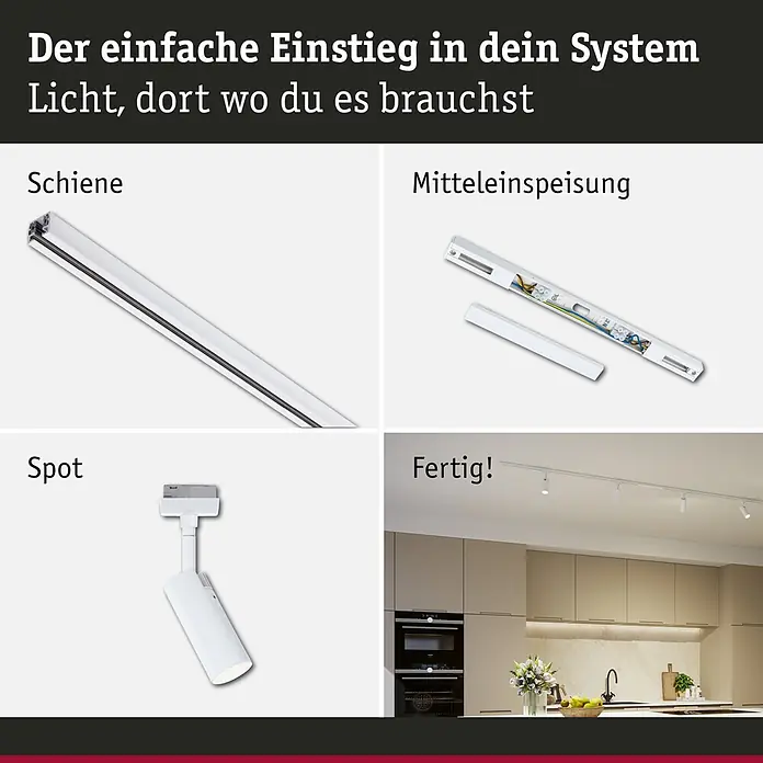 Paulmann URail LED-Schienensystem Set Tubo - Signalweiß, 200 cm, Dimmbar, Anzahl Leuchtmittel: 4 Stk. - Vierfeldiges Bild zeigt Komponenten eines Stromschienensystems (Schiene, Mitteleinspeisung, Spot) und das installierte System in einer modernen Küche.
