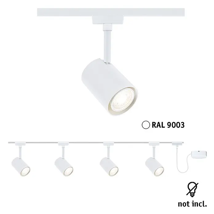 Paulmann URail LED-Schienensystem Set Luxe - Signalweiß, 200 cm, Dimmbar, Anzahl Leuchtmittel: 4 Stk. - Weißes RAL 9003 Schienensystem mit vier verstellbaren Strahlern und einem Anschluss.