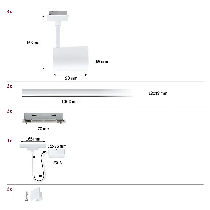 Paulmann URail LED-Schienensystem Set Luxe - Signalweiß, 200 cm, Dimmbar, Anzahl Leuchtmittel: 4 Stk. - Weiße Stromschienen-Beleuchtungssystem-Komponenten: 4 Spots, 2 Schienen (1000mm), 2 Verbinder, 1 Einspeisung, 2 Endkappen.