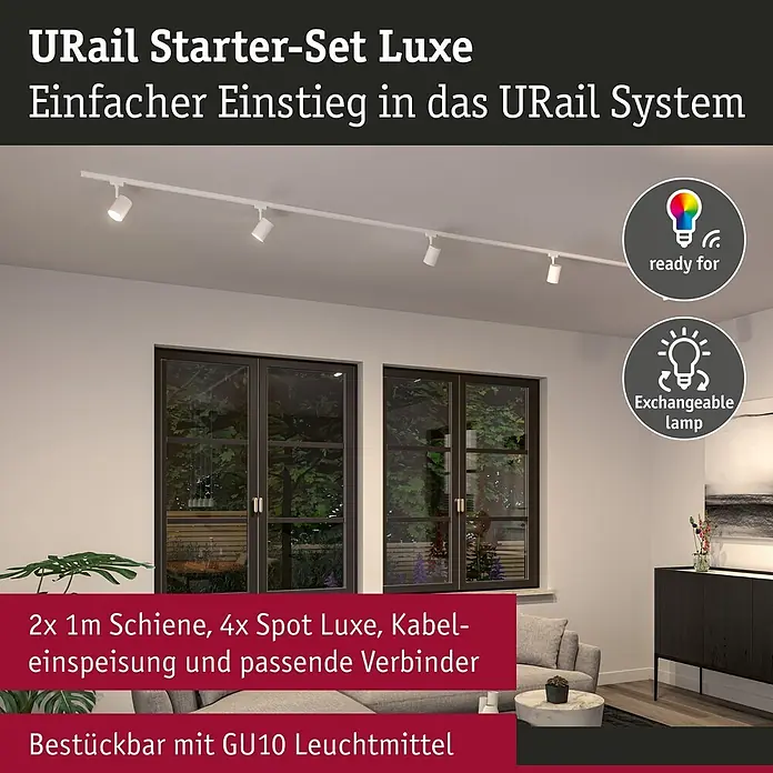 Paulmann URail LED-Schienensystem Set Luxe - Signalweiß, 200 cm, Dimmbar, Anzahl Leuchtmittel: 4 Stk. - Weißes URail Starter-Set Luxe Schienensystem mit mehreren Strahlern an der Decke in einem modernen Raum, bereit für smarte und austauschbare GU10-Leuchtmittel.