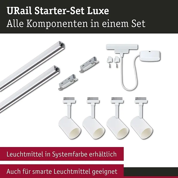 Paulmann URail LED-Schienensystem Set Luxe - Signalweiß, 200 cm, Dimmbar, Anzahl Leuchtmittel: 4 Stk. - URail Starter-Set Luxe mit zwei weißen Stromschienen, Verbindern, Einspeisung und vier weißen Strahlern für ein komplettes Schienensystem.
