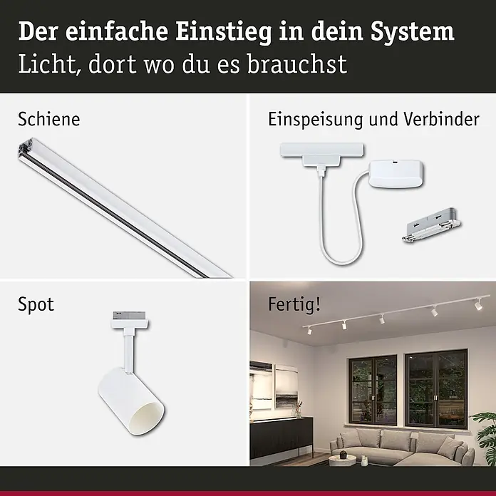 Paulmann URail LED-Schienensystem Set Luxe - Signalweiß, 200 cm, Dimmbar, Anzahl Leuchtmittel: 4 Stk. - Modular aufgebautes Schienensystem für Beleuchtung. Weiße Schienen, Einspeisungen und Spots, installiert an einer Decke in einem Raum.