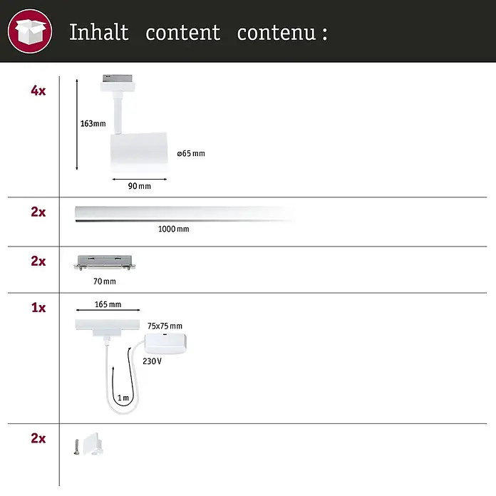 Paulmann URail LED-Schienensystem Set Luxe - Signalweiß, 200 cm, Dimmbar, Anzahl Leuchtmittel: 4 Stk. - Inhalt des weißen Schienenbeleuchtungssystems: 4 Strahler, 2 Schienen (1000mm), 2 Verbinder, 1 Einspeisung (230V, 1m Kabel), 2 Endkappen.