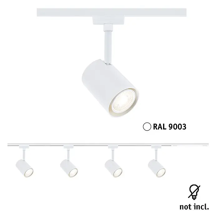 Paulmann URail LED-Schienensystem Set Luxe - Signalweiß, 200 cm, Dimmbar, Anzahl Leuchtmittel: 4 Stk. - Weiße Stromschienenleuchte mit verstellbarem Strahler, einzeln und im Viererset dargestellt. Leuchtmittel nicht enthalten.