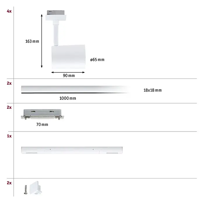 Paulmann URail LED-Schienensystem Set Luxe - Signalweiß, 200 cm, Dimmbar, Anzahl Leuchtmittel: 4 Stk. - Komponenten für ein weißes Schienenbeleuchtungssystem: 4 Strahler, 2 Schienen (1000mm), 2 Verbinder, 1 Endkappe und 2 Montageclips mit Schrauben.
