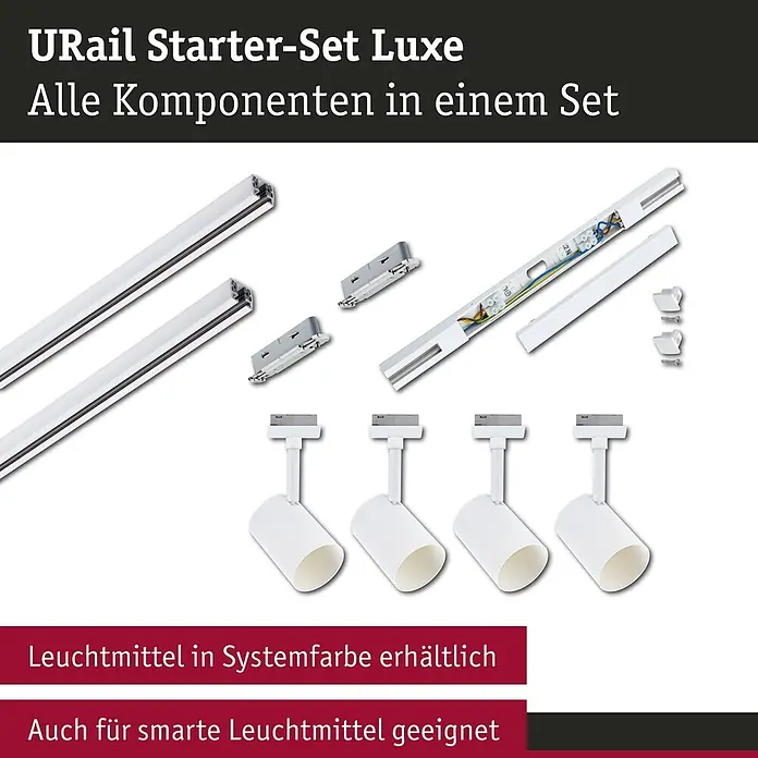 Paulmann URail LED-Schienensystem Set Luxe - Signalweiß, 200 cm, Dimmbar, Anzahl Leuchtmittel: 4 Stk. - Weiße URail Starter-Set Luxe Komponenten: zwei Schienen, verschiedene Verbinder und vier Strahler.
