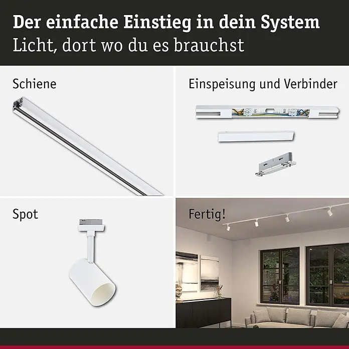 Paulmann URail LED-Schienensystem Set Luxe - Signalweiß, 200 cm, Dimmbar, Anzahl Leuchtmittel: 4 Stk. - Ein modulares Schienensystem für Beleuchtung, bestehend aus weißen Schienen, Einspeisungen, Verbindern, Strahlern und im Wohnraum installiert.