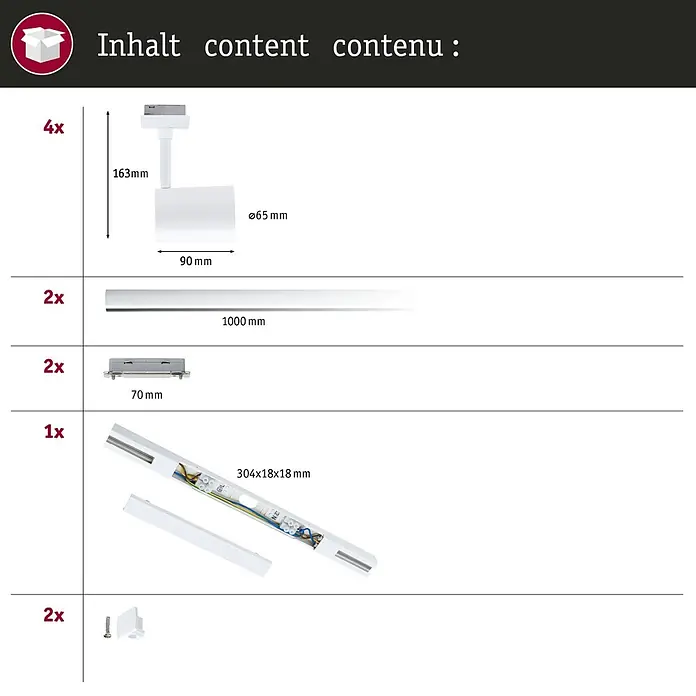 Paulmann URail LED-Schienensystem Set Luxe - Signalweiß, 200 cm, Dimmbar, Anzahl Leuchtmittel: 4 Stk. - Bestandteile eines weißen Schienensystems: Strahler, Schienen, Verbinder und Endkappen mit Maßen.