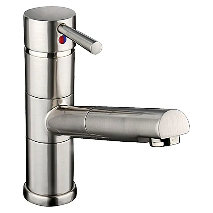 Camargue Merida Spültischarmatur - Edelstahl, Matt - Nahaufnahme eines modernen, gebürsteten Nickel-Wasserhahns mit Hebelgriff und minimalistischem Design für Badezimmer oder Küche.