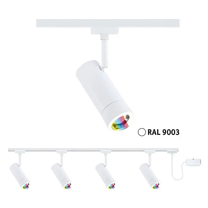 Paulmann URail LED-Schienensystem Set Tarie - Signalweiß, Länge: 200 cm, Dimmbar, Anzahl Leuchtmittel: 4 Stk. - Weißer Stromschienenstrahler mit farbigem Reflektor. Einzeln und zu viert auf Schiene dargestellt.
