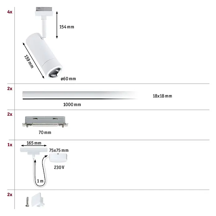 Paulmann URail LED-Schienensystem Set Tarie - Signalweiß, Länge: 200 cm, Dimmbar, Anzahl Leuchtmittel: 4 Stk. - Weißes Stromschienen-Beleuchtungssystem-Kit mit Strahlern, Schienen, Einspeisung und Verbindern, inkl. Maßen.