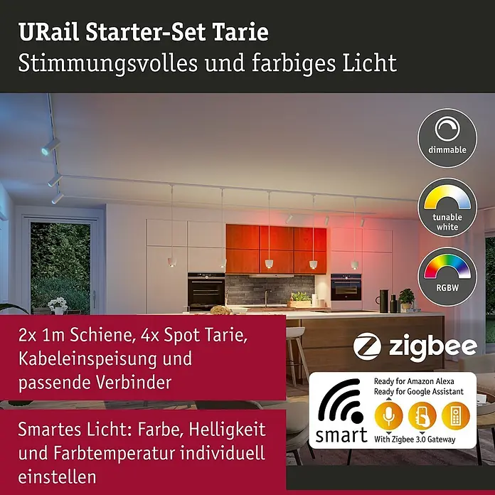 Paulmann URail LED-Schienensystem Set Tarie - Signalweiß, Länge: 200 cm, Dimmbar, Anzahl Leuchtmittel: 4 Stk. - URail Tarie Smart Track-Beleuchtungs-Starterset mit 4 Spots, das farbiges, dimmbares Licht in einer modernen Küche zeigt.
