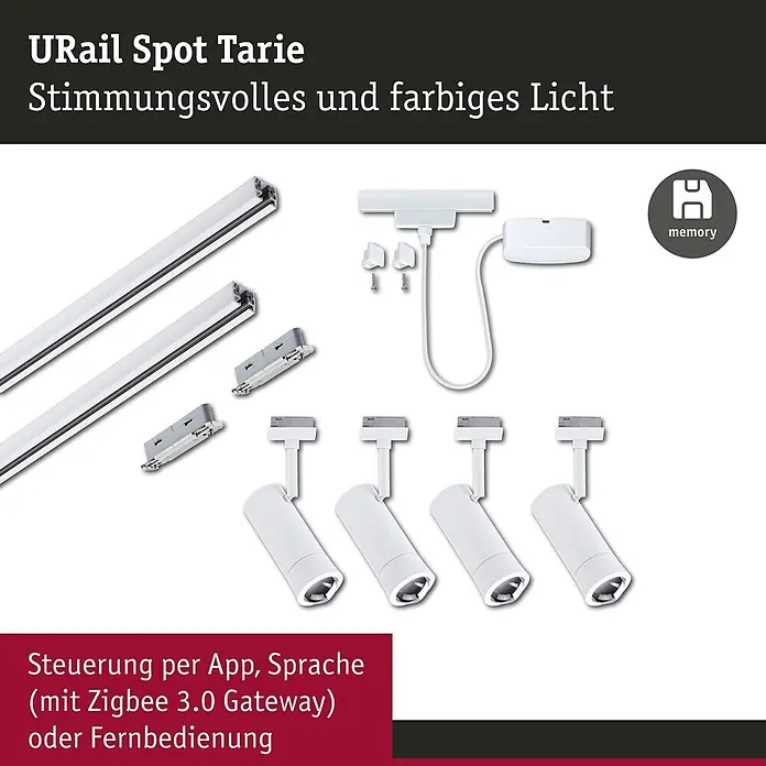 Paulmann URail LED-Schienensystem Set Tarie - Signalweiß, Länge: 200 cm, Dimmbar, Anzahl Leuchtmittel: 4 Stk. - Weißes URail Schienensystem mit mehreren Strahlern und Steuerungskomponenten für smarte Beleuchtung.