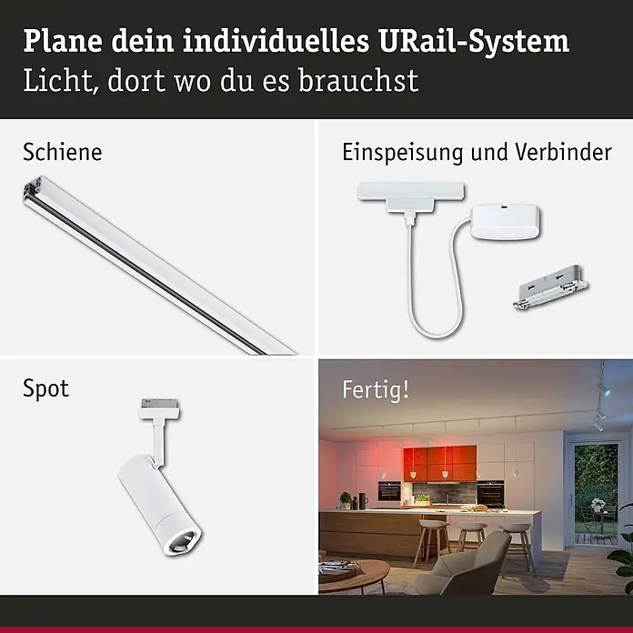 Paulmann URail LED-Schienensystem Set Tarie - Signalweiß, Länge: 200 cm, Dimmbar, Anzahl Leuchtmittel: 4 Stk. - Weißes URail-Beleuchtungssystem: Schiene, Einspeisung, Verbinder, Strahler und Kücheninstallation.