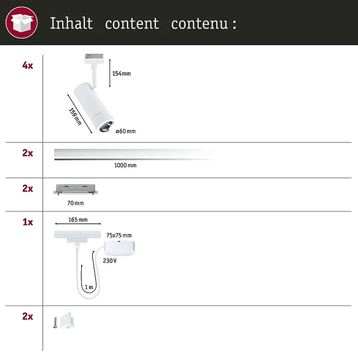 Paulmann URail LED-Schienensystem Set Tarie - Signalweiß, Länge: 200 cm, Dimmbar, Anzahl Leuchtmittel: 4 Stk. - Inhalt eines Schienensystem-Sets: 4 weiße Strahler, 2 Schienen, 2 Verbinder, 1 Stromversorgung und 2 Befestigungsklammern.