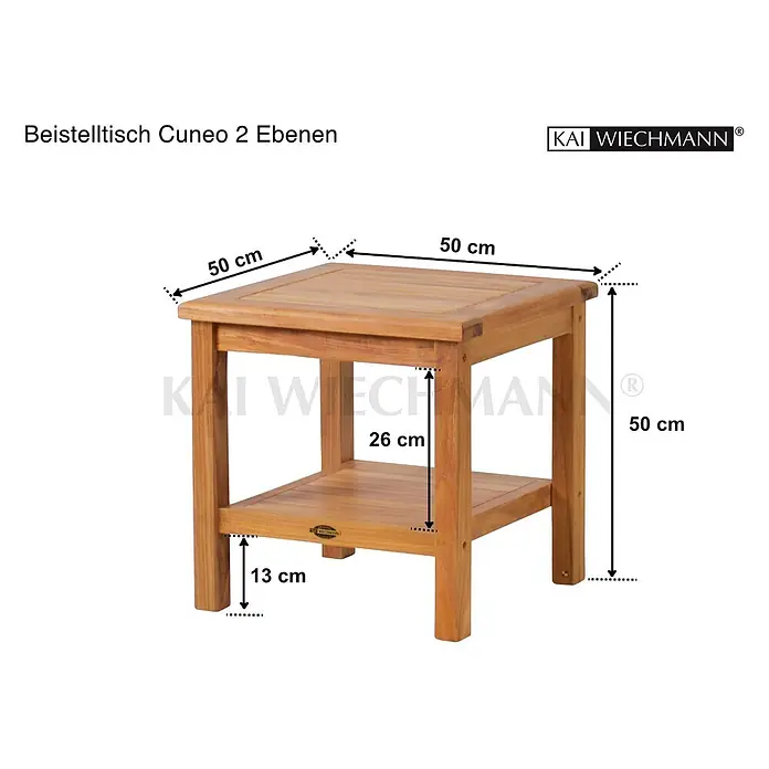 Teak Beistelltisch Cuneo 2 Ebenen 50 x 50 cm Massivholz wetterfest und edel -  - Beistelltisch aus Holz mit zwei Ablagen, 50x50x50 cm.