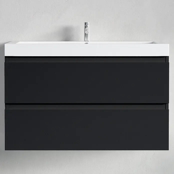 LOMAZOO Badmöbel Monaco 80 cm Schwarz matt, Waschbecken Weiß -  - Wandmontierter dunkelgrauer Badschrank mit zwei Schubladen und einem weißen Waschbecken mit Chromarmatur.