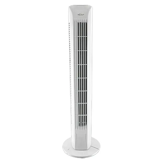 Voltomat Ventilador de torre Tower - Blanco, Altura: 78 cm, 45 W - Un ventilador de torre blanco con un diseño delgado, ideal para enfriar habitaciones de manera eficiente, se muestra sobre un fondo blanco.