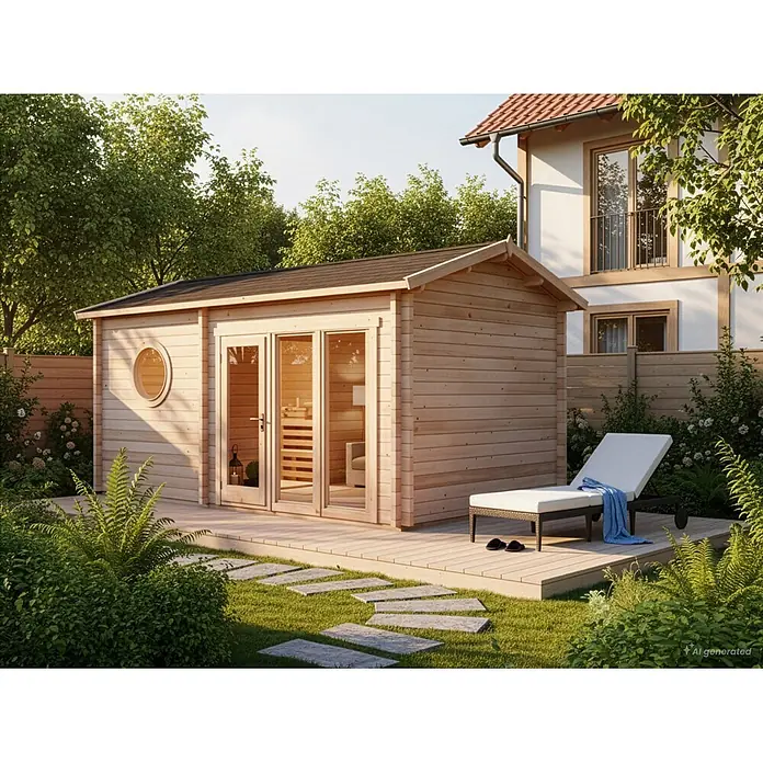 Saunahaus Genf581x356cm Natur 70mm Wandstärke -  - Helle Holz-Gartensauna/Hütte mit schwarzem Dach, auf einer Terrasse in einem üppigen grünen Garten mit Liegestuhl. Ein Haus ist im Hintergrund sichtbar.
