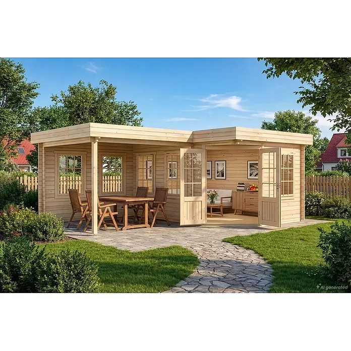 Gartenhaus Pepe618x462cm Natur 40mm Wandstärke -  - L-förmiges Gartenhaus aus Holz mit überdachter Terrasse und Essbereich, mit Innenbereich, im grünen Garten.