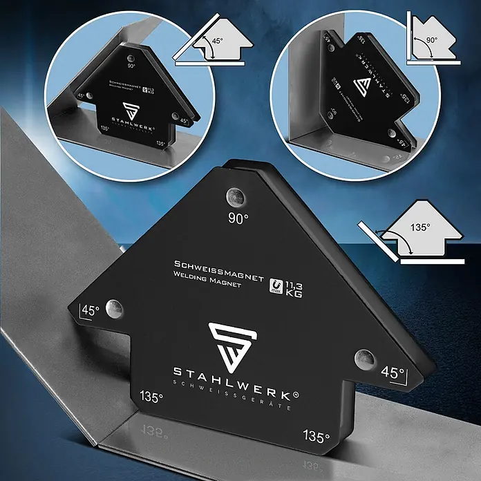 STAHLWERK 8er Schweißwinkel Set Magnet 11,3kg 25lbs Schweißmagnet -  - Schwarzer Pfeil-Schweißmagnet, hält Metall in 90°, 45°, 135° Winkeln, 11,3 kg Haltekraft.