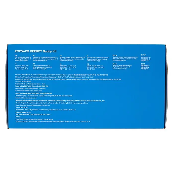 Ecovacs Reinigungsroboter-Ersatzbürsten Servicekit T80S Omni - Material: Kunststoff, Gesamtstückzahl: 6 -tlg. - Blaue ECOVACS DEEBOT Buddy Kit Box, mit Anti-Tangle Hauptbürste, Seitenbürste und antibakteriellem Filter als Ersatzteile.