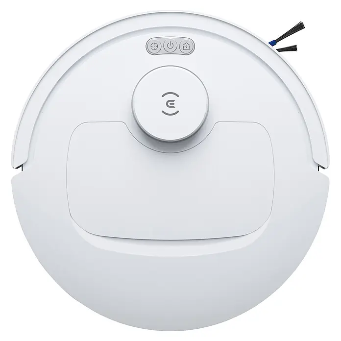 Ecovacs Saugwischroboter Deebot T30E Omni White - Saugkraft: 25.000 Pa, Akkulaufzeit: 180 min, Fassungsvermögen Roboter: 3 l - Weißer Saugroboter, Draufsicht, mit Bedientasten und einer sichtbaren Seitenbürste.