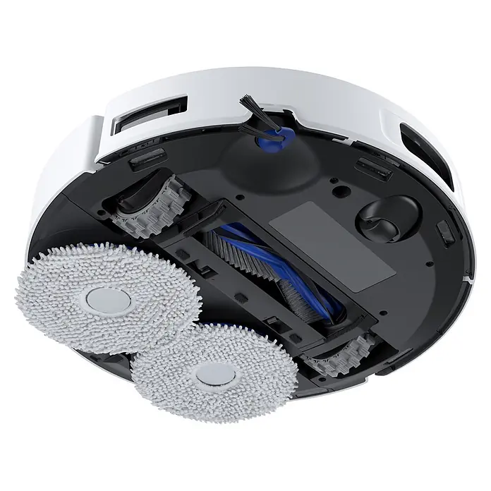 Ecovacs Saugwischroboter Deebot T30E Omni White - Saugkraft: 25.000 Pa, Akkulaufzeit: 180 min, Fassungsvermögen Roboter: 3 l - Unterseite eines weiß-grauen Saugroboters mit zwei weißen Wischpads, einer blauen Hauptbürste und einer Seitenbürste.