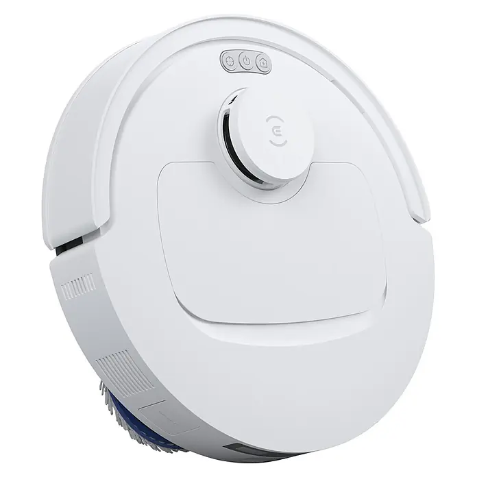 Ecovacs Saugwischroboter Deebot T30E Omni White - Saugkraft: 25.000 Pa, Akkulaufzeit: 180 min, Fassungsvermögen Roboter: 3 l - Weißer Roboter-Staubsauger mit zentralem Sensor, Steuertasten oben und sichtbarer Seitenbürste.