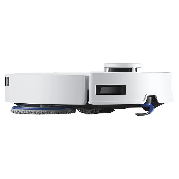 Ecovacs Saugwischroboter Deebot T30E Omni White - Saugkraft: 25.000 Pa, Akkulaufzeit: 180 min, Fassungsvermögen Roboter: 3 l - Weißer Saugroboter mit Navigationssensoren, blauem Wischpad und Seitenbürste.