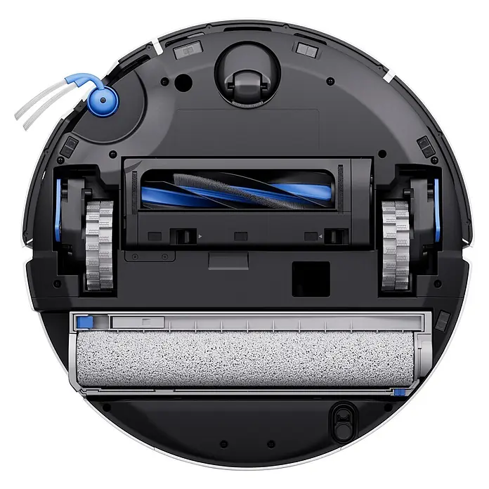 Ecovacs Saugwischroboter Deebot X12 Pro Omni White - Saugkraft: 22.000 Pa, Akkulaufzeit: 8 h, Fassungsvermögen Roboter: 250 ml - Unterseite eines schwarzen Saugroboters mit Hauptbürste, blauer Seitenbürste, großen Rädern, Lenkrolle und grauem Wischtuch.