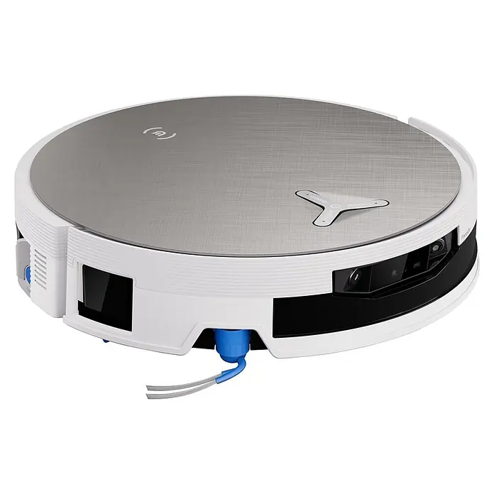 Ecovacs Saugwischroboter Deebot X12 Pro Omni White - Saugkraft: 22.000 Pa, Akkulaufzeit: 8 h, Fassungsvermögen Roboter: 250 ml - Runder Saugroboter mit gebürsteter silberner Oberseite, weißem Gehäuse und blauem Frontaufsatz. Mit dreieckigem Bedienfeld und Frontsensoren.