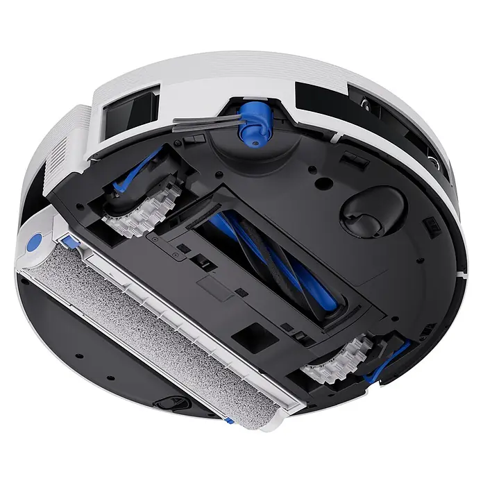 Ecovacs Saugwischroboter Deebot X12 Pro Omni White - Saugkraft: 22.000 Pa, Akkulaufzeit: 8 h, Fassungsvermögen Roboter: 250 ml - Unterseite eines weiß-schwarzen Roboterstaubsaugers mit blauen Akzenten, Hauptbürste, Seitenbürste und Wischpad.