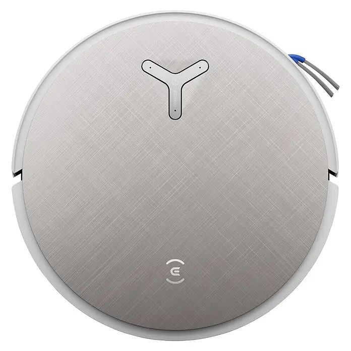 Ecovacs Saugwischroboter Deebot X12 Pro Omni White - Saugkraft: 22.000 Pa, Akkulaufzeit: 8 h, Fassungsvermögen Roboter: 250 ml - Runder Saugroboter mit gebürsteter silberner Oberfläche, weißem Rand und Y-förmigem Bedienfeld, mit sichtbaren Kabeln.