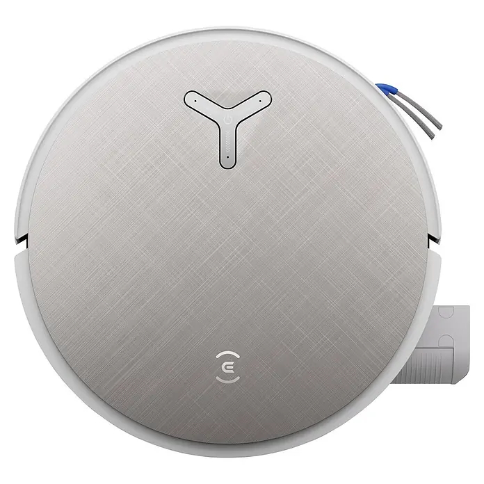 Ecovacs Saugwischroboter Deebot X12 Pro Omni White - Saugkraft: 22.000 Pa, Akkulaufzeit: 8 h, Fassungsvermögen Roboter: 250 ml - Silberner Saugroboter mit gebürsteter Metalloberfläche, weißem Rand, zentralem Bedienfeld und blauen Eckbürsten.