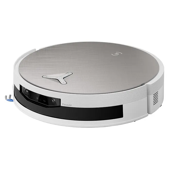 Ecovacs Saugwischroboter Deebot X12 Pro Omni White - Saugkraft: 22.000 Pa, Akkulaufzeit: 8 h, Fassungsvermögen Roboter: 250 ml - Weißer Saugroboter mit gebürsteter silberner Oberseite, „FocusJet“-Sensoren und sternförmigem Bedienknopf.