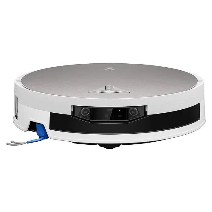 Ecovacs Saugwischroboter Deebot X12 Pro Omni White - Saugkraft: 22.000 Pa, Akkulaufzeit: 8 h, Fassungsvermögen Roboter: 250 ml - Weißer Saugroboter mit gebürsteter Silberplatte und Frontkamera/-sensor zur Navigation.