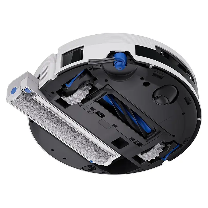 Ecovacs Saugwischroboter Deebot X12 Pro Omni White - Saugkraft: 22.000 Pa, Akkulaufzeit: 8 h, Fassungsvermögen Roboter: 250 ml - Unterseite eines weiß-schwarzen Saugroboters mit grauen und blauen Bürsten sowie strukturierten weißen Antriebsrädern.