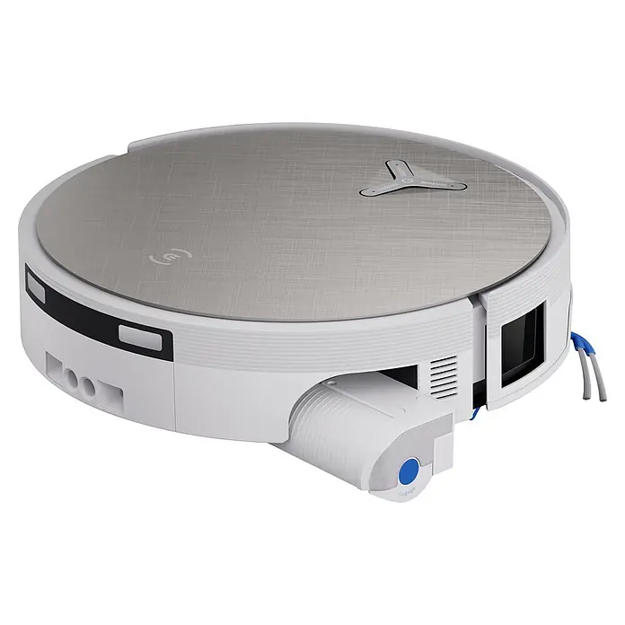 Ecovacs Saugwischroboter Deebot X12 Pro Omni White - Saugkraft: 22.000 Pa, Akkulaufzeit: 8 h, Fassungsvermögen Roboter: 250 ml - Weißer Saugroboter mit gebürsteter Silberoberfläche, Y-förmigem Bedienfeld und ausfahrbarem TruEdge Seitenbürstensystem.