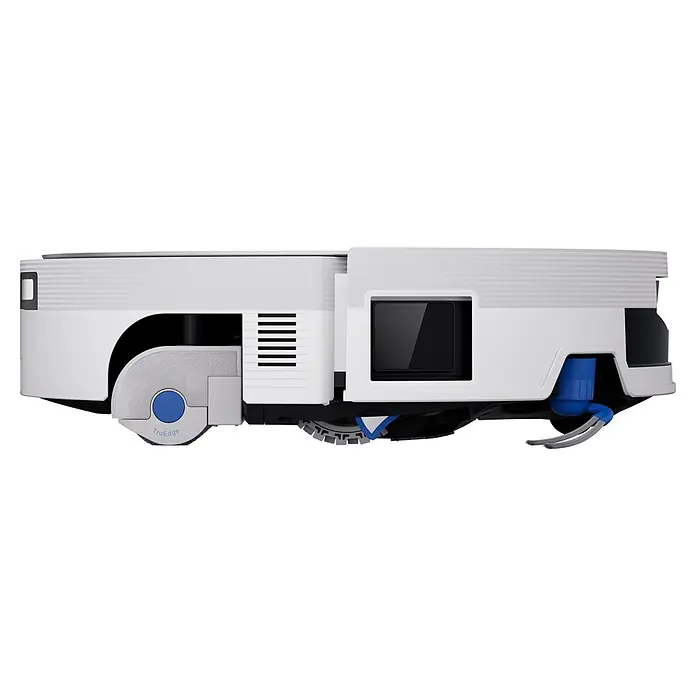 Ecovacs Saugwischroboter Deebot X12 Pro Omni White - Saugkraft: 22.000 Pa, Akkulaufzeit: 8 h, Fassungsvermögen Roboter: 250 ml - Seitenansicht eines weißen Saugroboters mit 'TruEdge'-Rad, Sensoren, Lüftungsschlitzen und blauen Reinigungsbürsten.