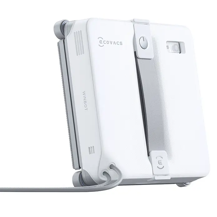 Ecovacs Saugwischroboter Winbot Mini 2 - Saugkraft: 8.000 Pa, Fassungsvermögen Roboter: 50 ml - Weißer ECOVACS WINBOT Fensterputzroboter mit grauen Akzenten und angeschlossenem Stromkabel, aus Perspektive gezeigt.