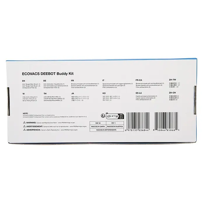 Ecovacs Reinigungsroboter-Ersatzbürsten Kit T30E - Material: Kunststoff, Gesamtstückzahl: 6 -tlg. - Weiße ECOVACS DEEBOT Buddy Kit Box, die Anti-Tangle Hauptbürste, Seitenbürste und antibakteriellen Filter detailliert.