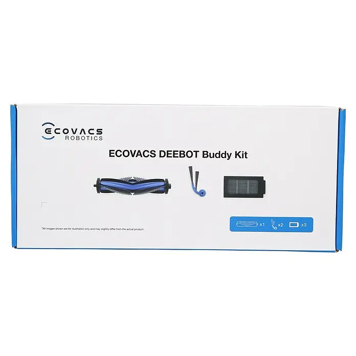 Ecovacs Reinigungsroboter-Ersatzbürsten Kit T30E - Material: Kunststoff, Gesamtstückzahl: 6 -tlg. - ECOVACS DEEBOT Buddy Kit Box mit 1 Hauptbürste, 2 Seitenbürsten und 3 Filtern.